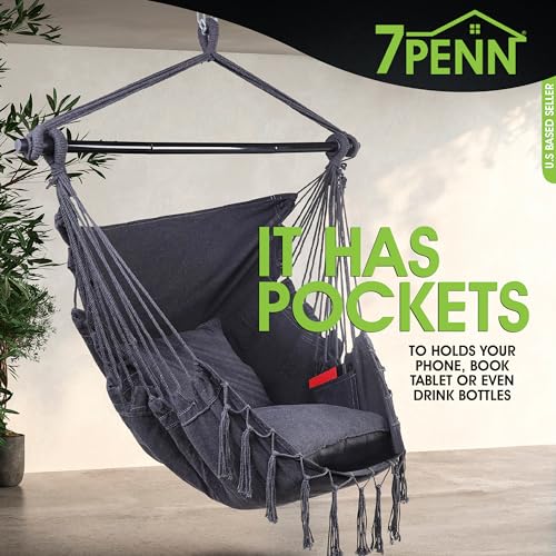 7Penn Hammock Chair Hanging Rope Swing - 440lb Capacity Black Cotton Indoor Outdoor Boho Macrame Hanging Chair with Cushions for Teenage Bedroom, Backyard Patio, Front Porch, or Balcony - Thumbnail 3