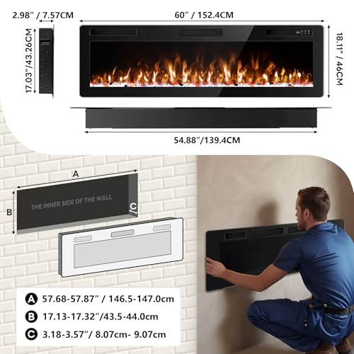TORNIVK 60 Inch Electric Fireplace Ultra-Thin Wall Mounted Fireplace