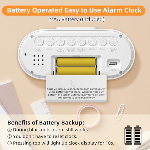 DOOMAY Digital Alarm Clock for Bedroom: Dual Alarm Bedside Clock VA LCD Display with Seconds, 9-Minute Snooze and Weekend Mode, 3 Brightness, 4 Alarms and 3 Volume Levels，Type C & Battery Included