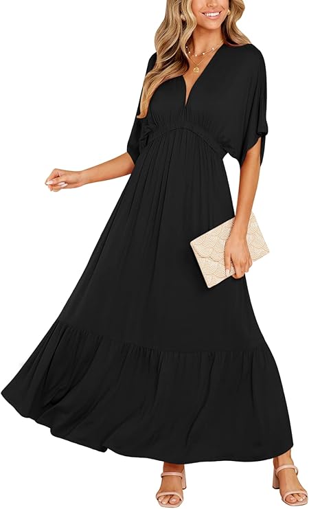 DEEP SELF Women’s Summer V Neck Batwing Short Sleeve Maxi Dress Casual Loose High Waist Flowy Long Beach Dress