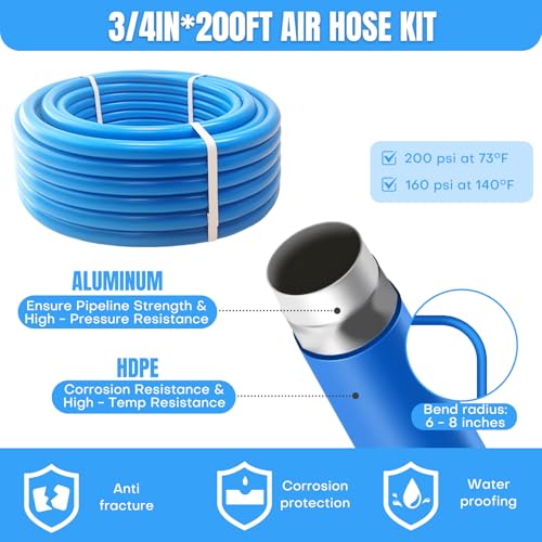 Image of 3 /4 Inch x 200 FT Shop Air Line Kit, Compressed Air Piping System for Shop, Garage, HDPE Tubing and Aluminum Rapid Air System Includes Right Angle Fittings and Tee Fittings, Air Line Tubing Kit
