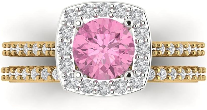 Clara Pucci 14K Yellow/White Gold Bridal Set for Women Simulated Pink Diamond Solitaire with Accents 1.495 carats Round Cut Birthstone Statement Ring Gift for Her Sizes 3.5 to 11