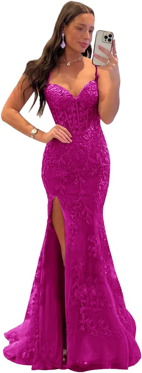 Fanciest Women's Spaghetti Straps Mermaid Prom Dresses 2026 Lace Appliques Long Formal Evening Party Gowns with Slit