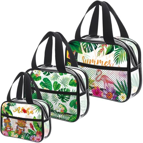 Blosssound 3 Pcs Summer Travel Toiletry Bag Hawaiian Clear Cosmetic Bags with Mesh Pocket Waterproof PVC Summer Aloha Travel Makeup Pouch for Women Lady Birthday Weekend Gift Bathroom