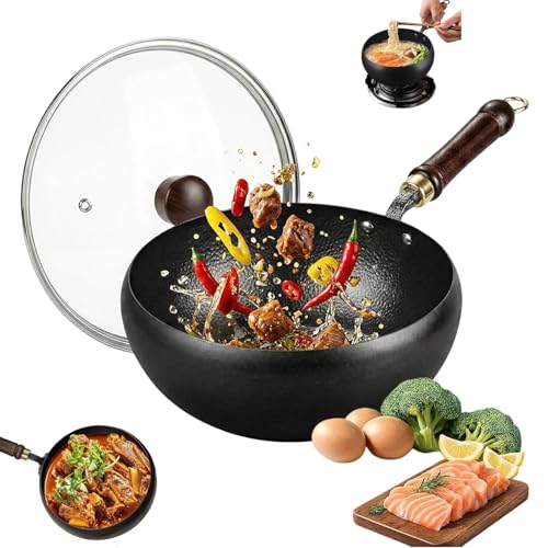 Wok japonés de hierro fundido, juego de ollas y sartenes de hierro fundido japonés mejorado 2026, sartén de hierro grueso antiadherente martillado a mano con tapa, olla de cocina saludable sin