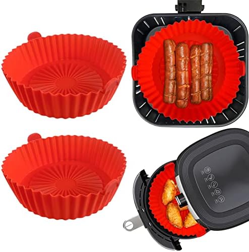 Air Fryer Silicone Pot Reusable Air Fryer Liners Air Fryer Accessories Round Air Fryer Basket Replacement of Parchment Paper Liners for Baking Roasting Oven Microwave (6.3 inch, 2 x red)