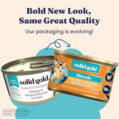 Image of Solid Gold Wet Cat Food Shreds in Gravy - Healthy Canned Cat Food Made w /Real Chicken & Mackerel Shreds, Vitamins & Minerals - Grain Free & Gluten Free Canned Meals for Cats & Kittens - 24ct /3oz Can