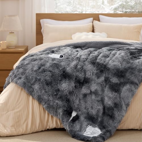 Image of Bedsure Faux Fur Heated Blanket Full Size, Long-Pile Electric Blanket, Grey