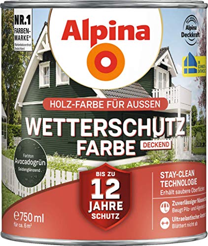 Alpina Holz-Wetterschutz-Farben – Avocadogrün, deckend – bis zu 12 Jahre Schutz vor Witterung und Nässe – schmutzabweisend, deckend & ergiebig – 750 ml
