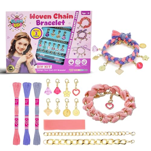 Image of Wembley DIY Woven Chain Bracelet Making Set,Jewellery Making Materials Kit with Charms & Thread,3 Cool Designs,Beads Art & Craft Kit,Friendship Band & Birthday Gifts for Girls Age 5 6,7 8,10, Assorted
