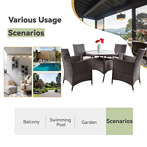 Suncrown 5 Piece Outdoor Dining Set All-Weather Wicker Patio Dining Table And Chairs With Cushions, Round Tempered Glass Tabletop With Umbrella Cutout For Patio Backyard Porch Garden Poolside #TOP5