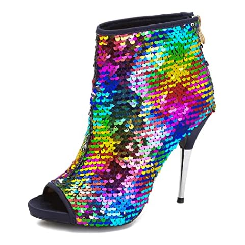 CAMSSOO Women's Colorful Sequin Stiletto Boots Peep Toe Rear Zipper Sexy Dress Wedding Glitter High Heels Sandals Ankle Boots color Sequin Size US9 EU40 Cover