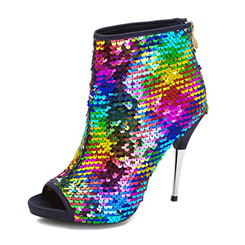 CAMSSOO Women's Colorful Sequin Stiletto Boots Peep Toe Rear Zipper Sexy Dress Wedding Glitter High Heels Sandals Ankle Boots