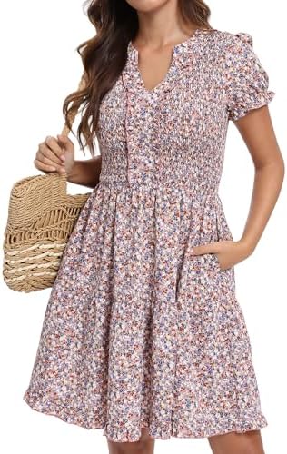 YIYIHAOSHUNV Womens Summer Dresses Smcked Floral V Neck Short Sleeve Swing Tiered Ruffle Mini Beach Dresses with Pockets 2026, Pink Floral, XL