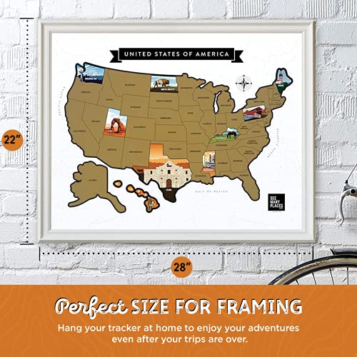 See Many Places Scratch Off Map Of The United States, 28X22" Framable Poster Travel Map Of Usa With Custom State Pictures & Gold Foiling For Home Wall Decor, White #TOP6