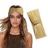 ELLOPH Gold Headbands for Women Fashion Knotted Headband Wrinkle Elasticity Metallic Twist Head Wrap Wide Hairbands for Women's Hair No Slip for Night Out Workout Yoga Daily Wear