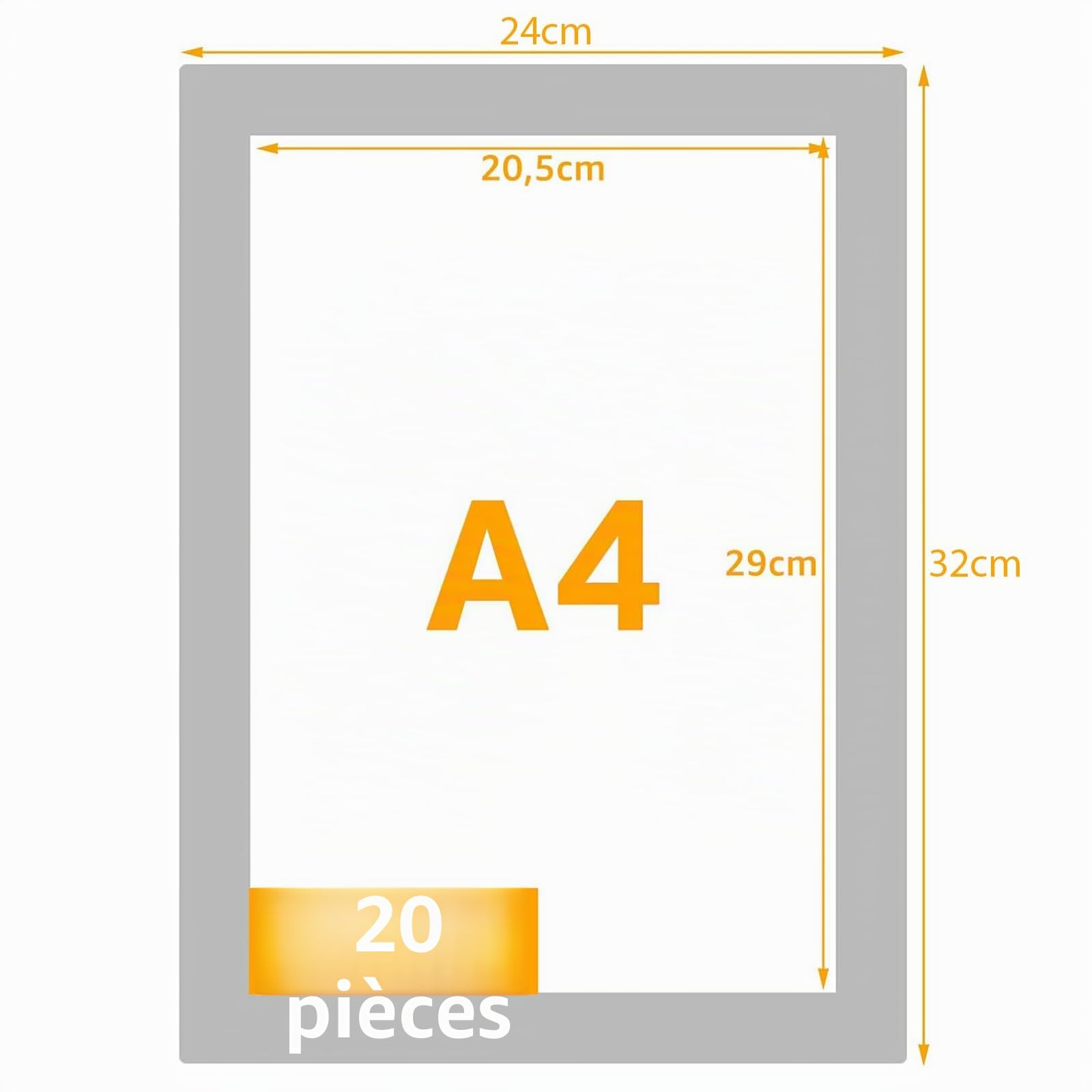 Lot de 20 Cadre Photo Magnétique A4, Pochette Magnétique A4 Argentée pour Frigo et Surfaces Lisses, Affichage Rapide sans Perçage, Protection Étanche, Argent