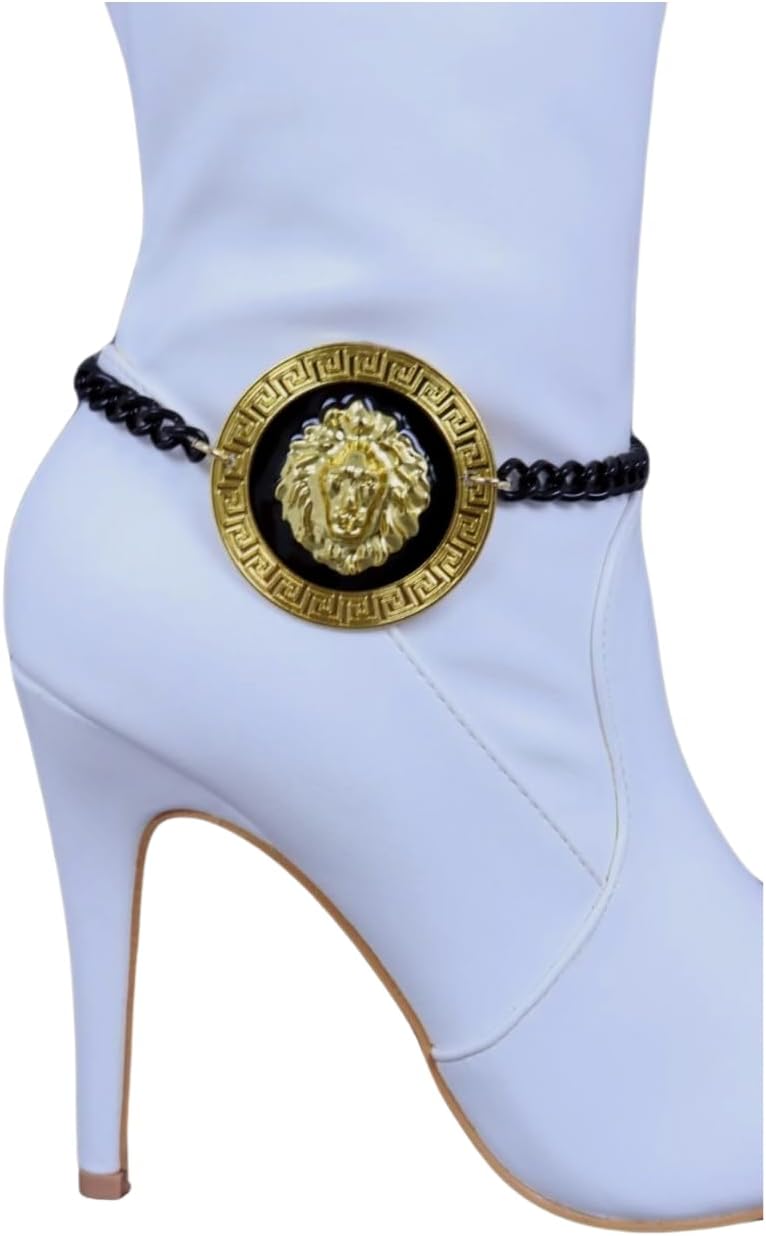 Women's Luxe Boot Jewelry Pair, 2pcs Black Metal Boot Chain Bracelets With Gold Lion Head Coin Medallion Charm, Statement Shoe Anklet (BC197)