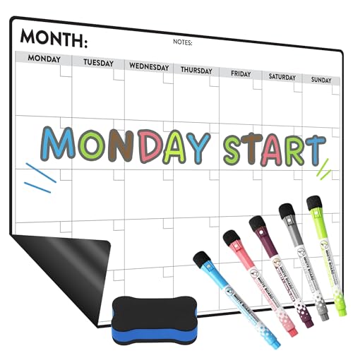 Monthly Magnetic Dry Erase Calendar for Refrigerator – Monday Start Calendar Magnet 17 x 12” | Whiteboard Calendar for Fridge | Include 5 Markers & Eraser - Freedom Mastery