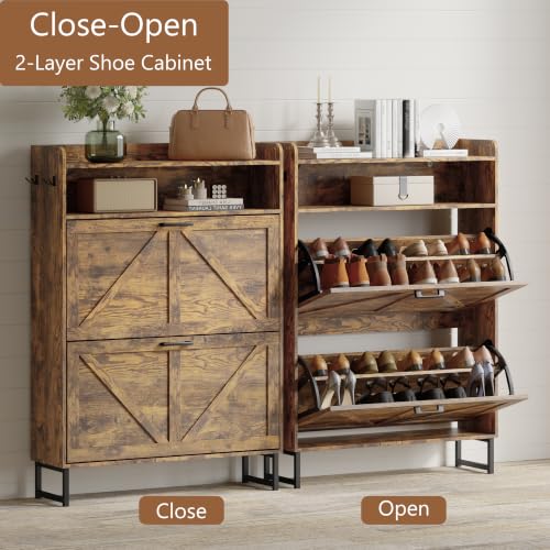 Image of Shoe Cabinet with 2 Flip Drawers, Freestanding Hidden Shoe Storage Organizer for Entryway, Narrow Slim Shoe Rack Cabinet with Open Storage & Hooks for Front Door Entrance, Living Room, Hallway, Brown