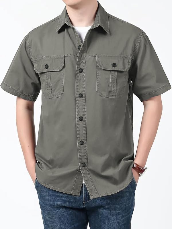 SHIENZY Men's Regular Fit Solid Printed Cotton Casual Shirt || Half Sleeve, Double Pocket || Denim Jacket Style Fashionable Western Outfit (1652_SHZ_Gry_S) 3