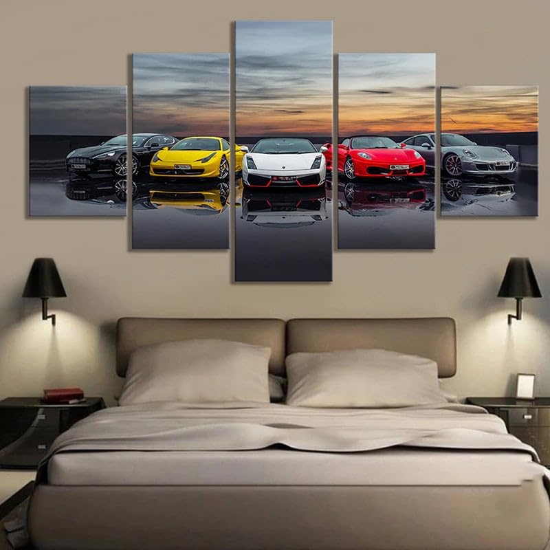 Voitures de luxe coucher de soleil tableau decoration murale en 5 parties pour salon et maison
