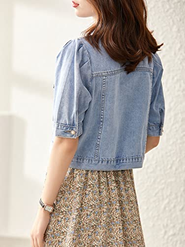 Women's Pearl Beading Short Sleeve Denim Shawl Sweet Princess Puff Sleeve Jean Jacket2