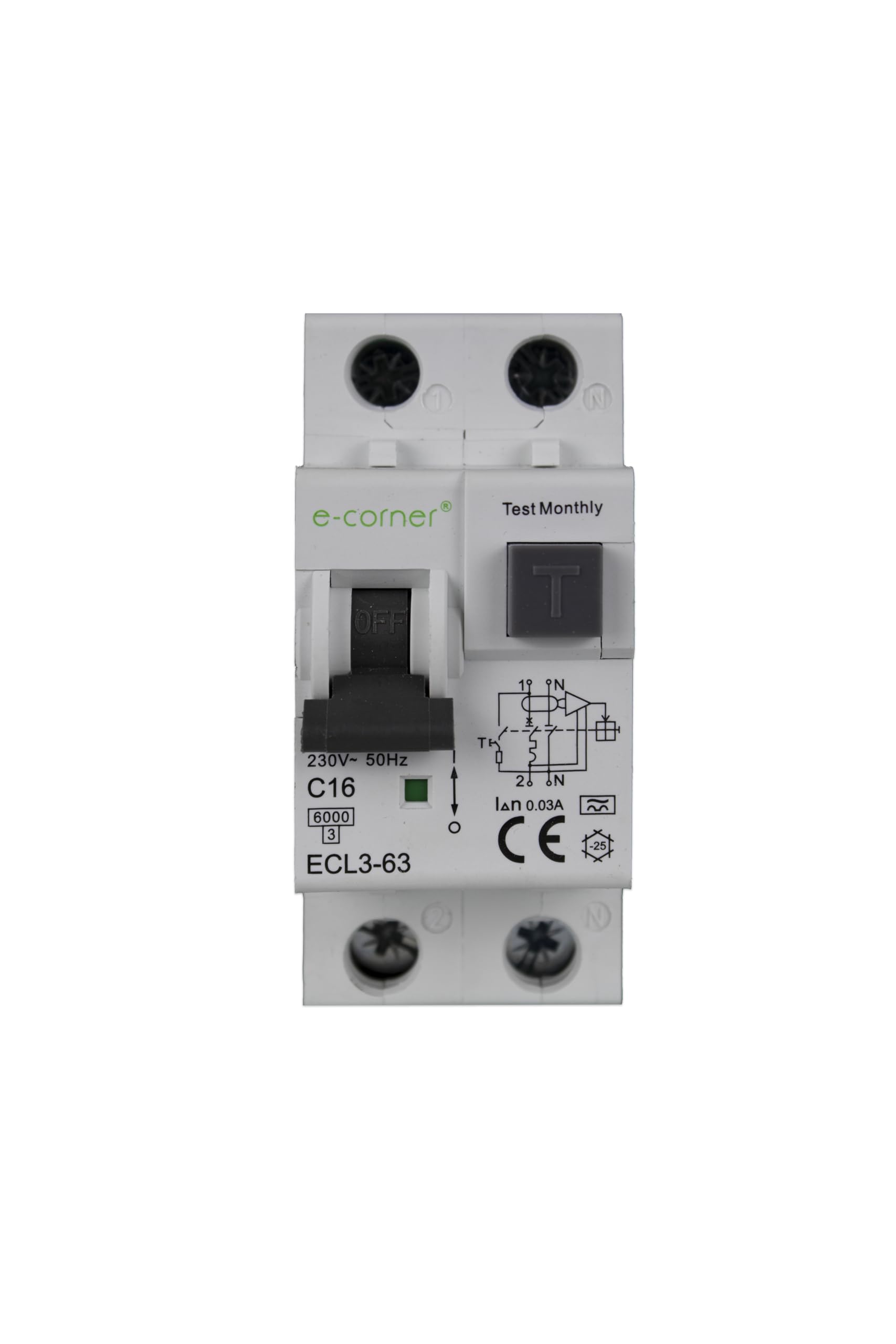 E-Corner | Interruttore Magnetotermico Differenziale Elettronico Tipo A | 1P+N 16A 30mA | 230V AC 50HZ | Confezione singola
