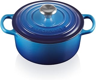 Le Creuset Signature cast iron pan with lid, Ø 20 cm, round, suitable for all types of cookers and induction, Volume: 2.4 l, 3.1 kg, Azure, 21177202202430