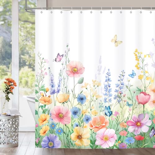 Dazzlewall Blumen Duschvorhang, Wildblume Schmetterlinge Duschvorhänge 180x180cm, Wasserdicht Anti-Schimmel Waschbar Polyester Textilstoff Bad Vorhang für Badezimmer mit 12 Haken