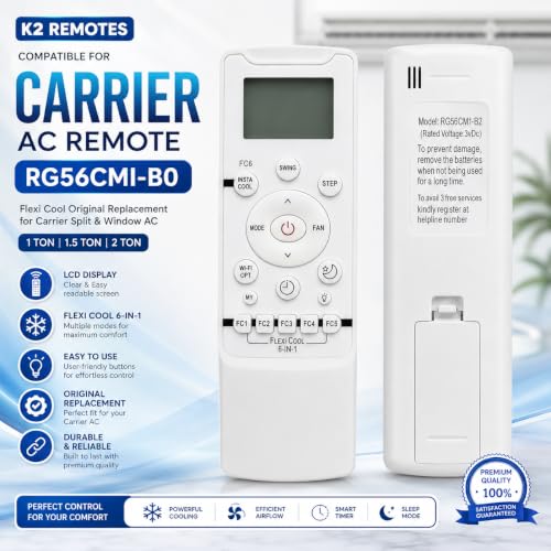 Image of K2 Remotes Compatible for Carrier AC Remote RG56CMI-B0 - Replacement for Carrier Split & Window AC 1 Ton, 1.5 Ton & 2 Ton | Flexi Cool | LCD Display | White