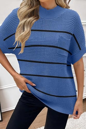 Image of Women 2026 Sweater Vest Mock Neck Batwing Short Sleeve Oversized Ribbed Knit Tops Fall Pullover Sweater S-XXL