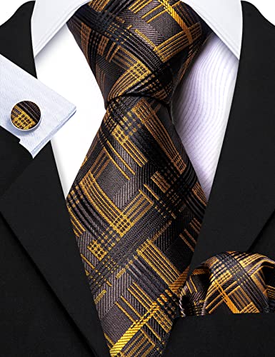 Image of Barry.Wang Plaid Ties Check Mens Necktie Set with Handkerchief Cufflinks Classic Stripe