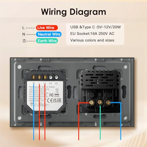 BSEED Touch Lichtschalter mit Steckdose Schuko Unterputz Steckdose mit USB C 20W Schnellladeger&auml;t USB Type C 1 Fach 1 Weg Wandsteckdose mit Glas Panel Geeignet f&uuml;r Phone, Pad, MP3 und mehr-Grau