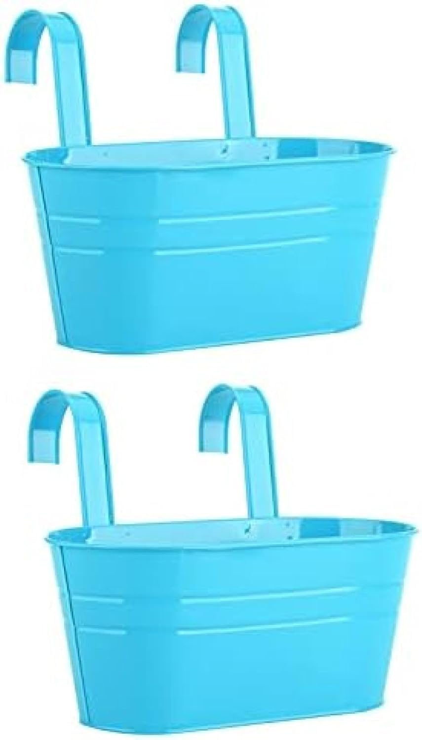 2 fioriere ovali da appendere in metallo blu, per balconi, giardini, decorazioni per fiori ed erbe, per interni ed esterni