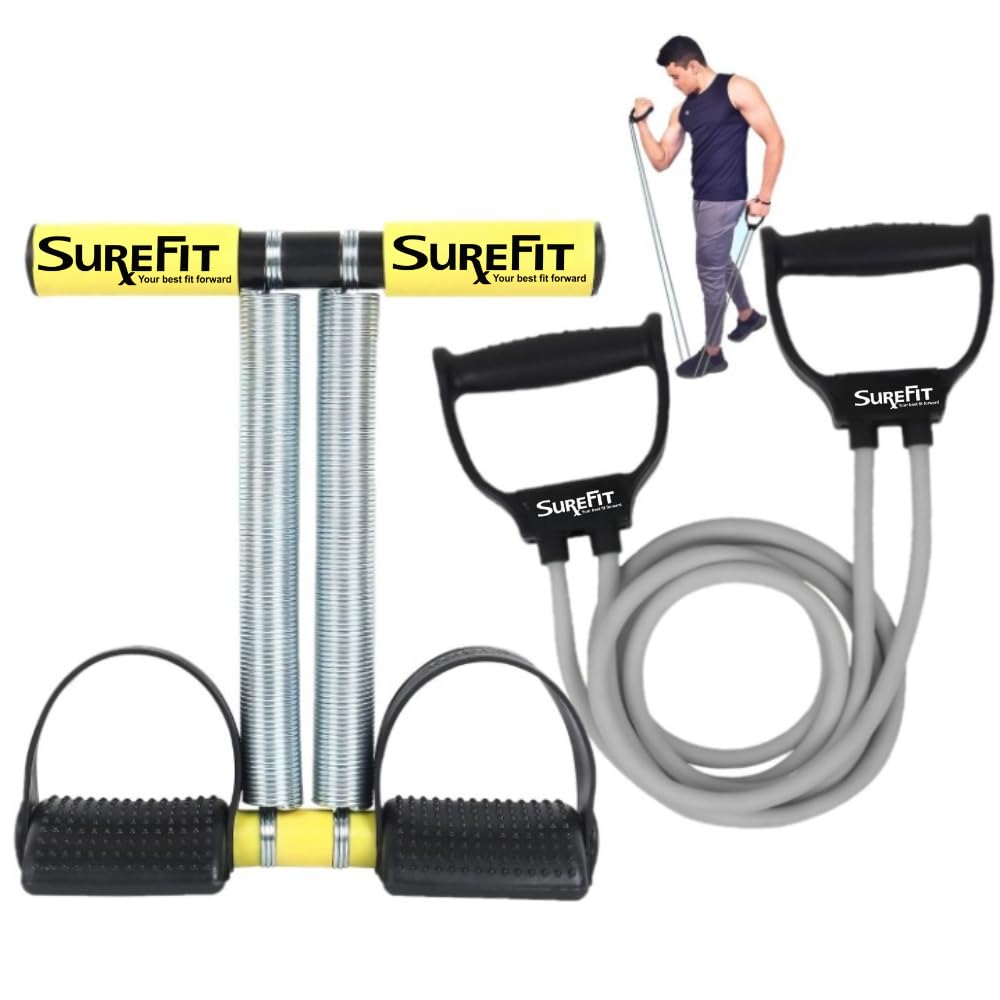 Sponsored Ad - SUREFIT Tummy Trimmer for Men & Women – Double Spring Ab Exerciser with Foam Handle & Resistance Band – Full Body Fitness Combo Tool Kit for Abs, Legs, Arms, Chest & Home Gym Workout (YELLOW)