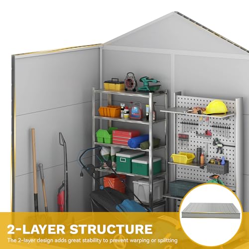 Image of DWVO 6x4.4 FT Outdoor Storage Shed, Plastic Garden Tool Shed with 2 Windows, Double-Wall Outside Shed for Lawn Mower, Garden Tool for Backyard, Patio, Lawn, Lockable, Greige&Gray