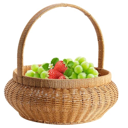 Cesta de frutas tejida – Cestas de madera de color para verduras | Cuencos de almacenamiento para servir | Cesta de pan de ratán de imitación redonda decorativa para servir frutas con asas para