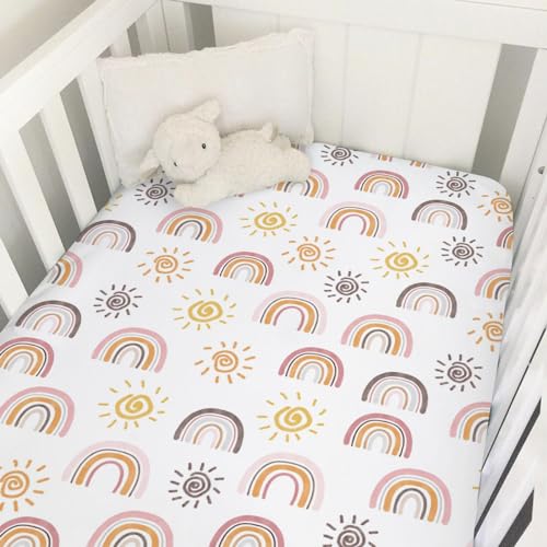 Image of Boho Sunshine Rainbow Baby Crib Sheets 52''x28'' Colorful Rainbow Sun Stretchy Fitted Crib Mattress Cover for Boy Girl Soft Baby Nursery Bed Sheet for Standard Crib and Toddler Mattresses