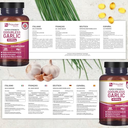 Hochwertige geruchlose Knoblauchkapseln | 45.000 mg pro Softgel | 200 Softgels (keine Tabletten) Superhohe Wirksamkeit | Kaltgepresster und desodorierter Premium-Knoblauchöl-Extrakt aus Allium Sativum