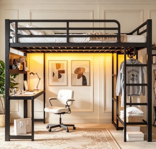 Image of Bellemave Full Size Loft Bed with Desk,with USB Ports, Lights, and Hanging Rod, Cave Board Design, Metal Full Loft Bed Frame for Adults, Kids, Teens, Black