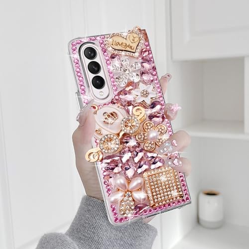 Omio for Samsung Galaxy Z Fold 4 5G Case, Luxury 3D Handmade Sparkle Rhinestone Iron Tower Pendant Pumpkin Car Flowers Crystal Diamond Bling Glitter Hard PC Case for Galaxy Z Fold 4 Women Girls, Pink