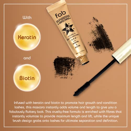 Image of Fab Superstar Mascara: Waterproof Volumizing High Lash Lift Beauty Mascara: Black Liquid Mascarra for Bold Volume and Length - Infused with Keratin and Biotin for Longer, Better Defining Lashes - 10ml
