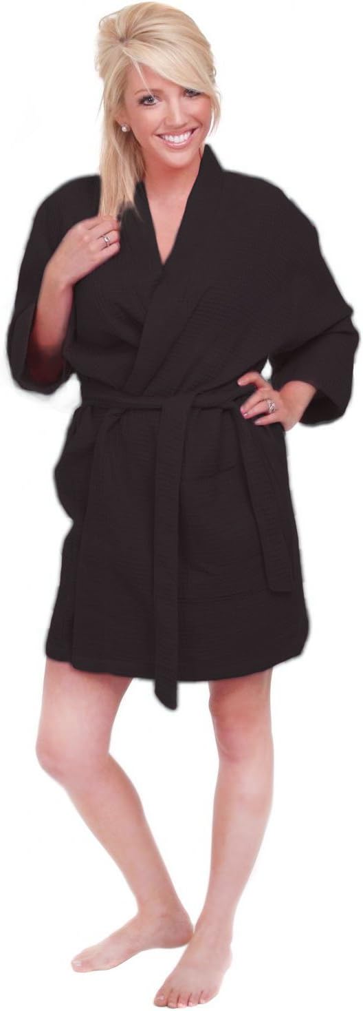 PURE LINEN Turkish Waffle Kimono Style Thigh Length Adult Waffle Robe (Black)