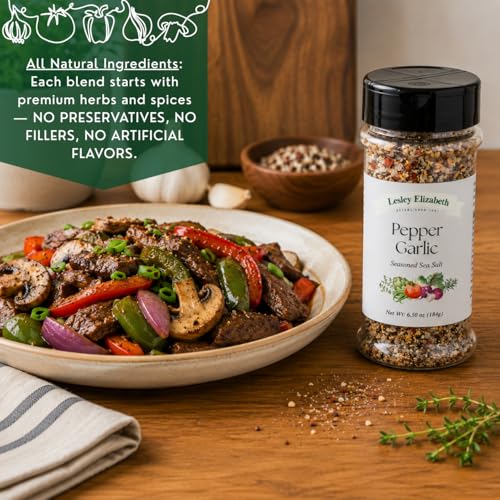 Image of Lesley Elizabeth Pepper & Garlic Seasoned Sea Salt Seasoning - Bold Garlic & Pepper Infused Sea Salt - 8.4 oz (250 ml) PET Shaker Bottle for Meats, Vegetables & Marinades