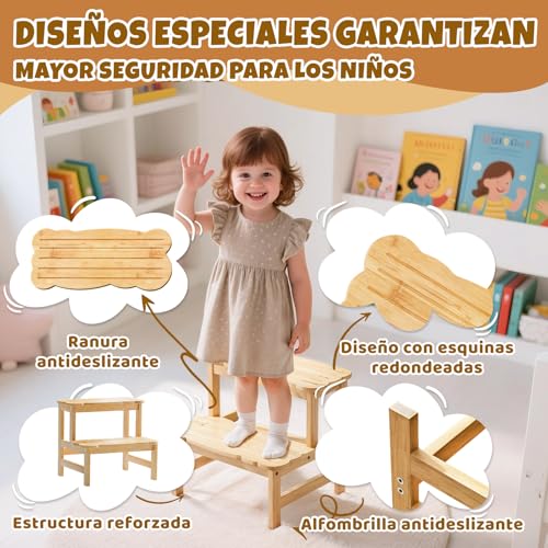 Miniatura 2 de Cosyland Taburete De Niños Con 2 Peldaños Escalón Infantil Para 18 Meses En Adelante Ideal Para Cocina, Baño Y Dormitorio Natural