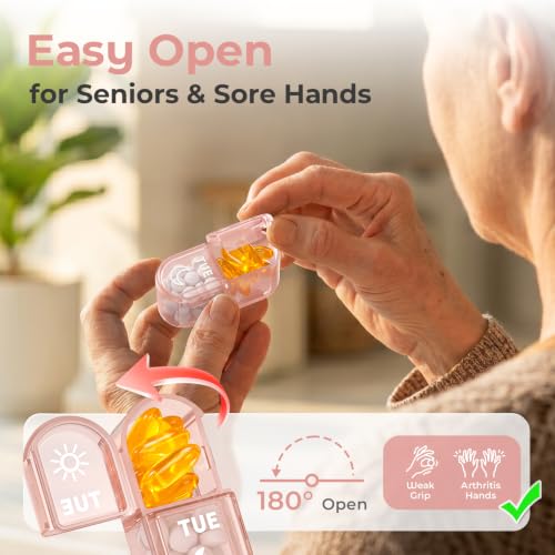 Image of Weekly AM PM Detachable Pill Organizer 2 Times a Day, Wear Resistant Large Print Medicine Pill Organizer for Arthritis, Seniors & Caregiver, Purse Travel Use - Pink