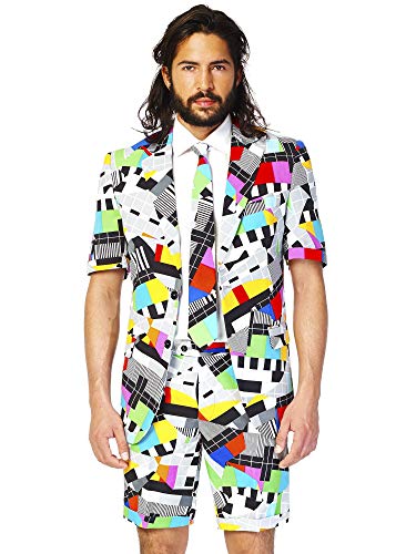 Opposuits Men's Summer Suit - Retro 90'S Printed Outfit - Slim Fit - Includes Short Sleeved Blazer, Shorts And Tie - Size Us 38 #TOP3