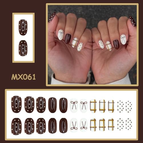 Image of Red Press on Nails Polka Dots Fake Nails Short Almond False Nail Bow Glue on Nails with Design Glossy Full Cover Artificial Acrylic Stick on Nail for Women Girls Manicure 24Pcs