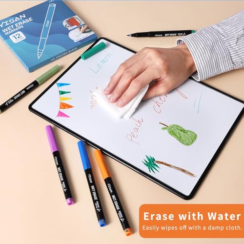 YISAN Wasserlöslich Whiteboard Marker Magnetische, 0.7mm Feucht Abwischbar Whiteboard Stifte Dünn,non-permanent Stifte mit ultrafeiner Spitze,12 Farben,70580